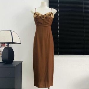 Chic Brown Midi Dress with Floral Accents